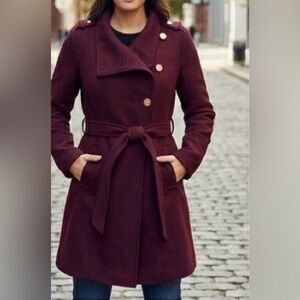 GUESS Asymmetrical Belted Single-Breasted Wool Wrap Long Coat